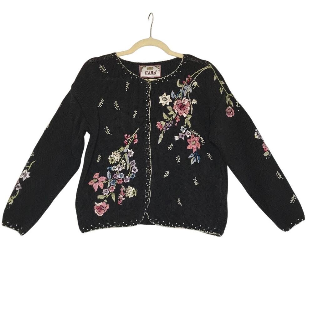 TIARA Vintage 90s Embroidered Knit Cardigan Women L Black Retro Unique Old Money